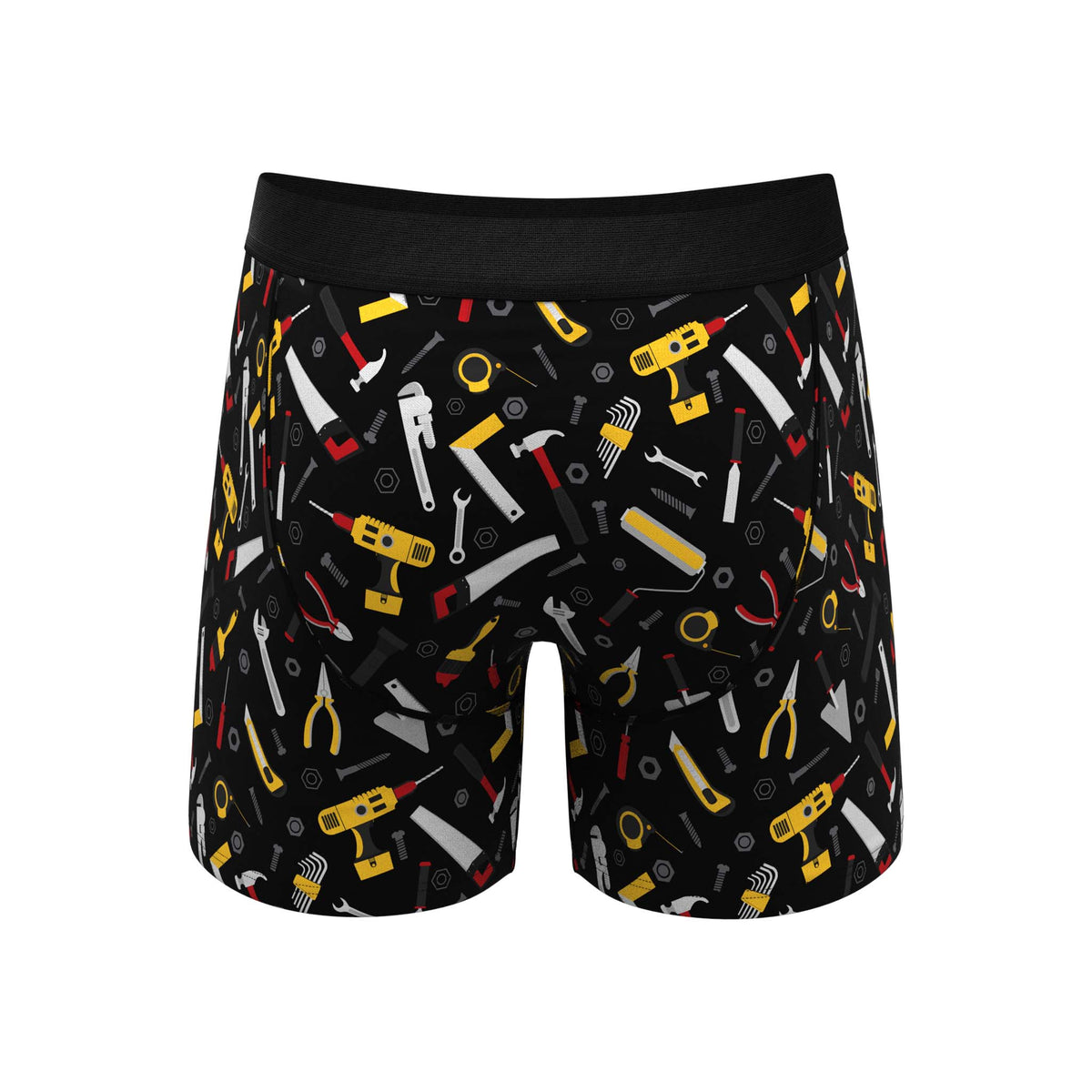 Back of men's boxer briefs with all-over yellow, red, and gray tool illustrations on black fabric.