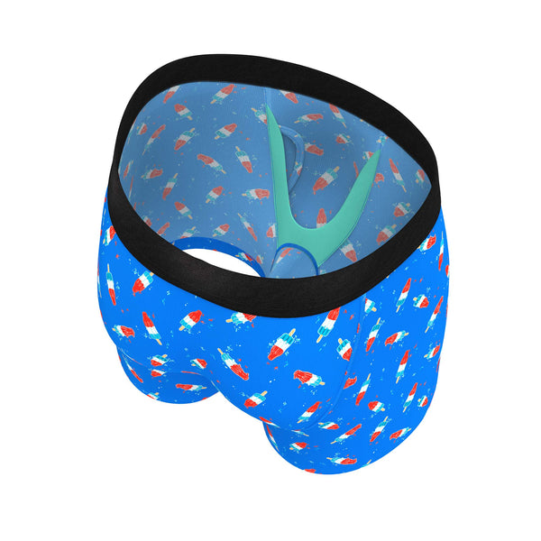 Inside view Shinesty Men's The Sweet Icy Treat Hammock Pouch Underwear, color red, white, and blue, sizes S-XXL.
The inside features a "hammock" for extra support.