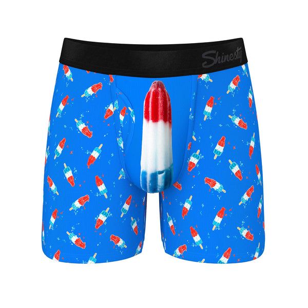 Front view Shinesty Men's red, white & blue pouch underwear with bomb pop graphic. Popsicle print, soft MicroModal blend, quick-access fly, no-ride legs, tagless, silky waistband. Sizes S–XXL.