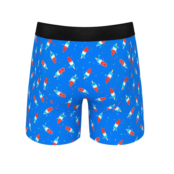 Back view Shinesty Men's red, white & blue pouch underwear with bomb pop graphic. Popsicle print, soft MicroModal blend, quick-access fly, no-ride legs, tagless, silky waistband. Sizes S–XXL.