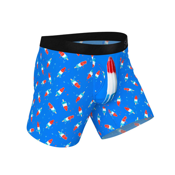 Side view Shinesty Men's red, white & blue pouch underwear with bomb pop graphic. Popsicle print, soft MicroModal blend, quick-access fly, no-ride legs, tagless, silky waistband. Sizes S–XXL.