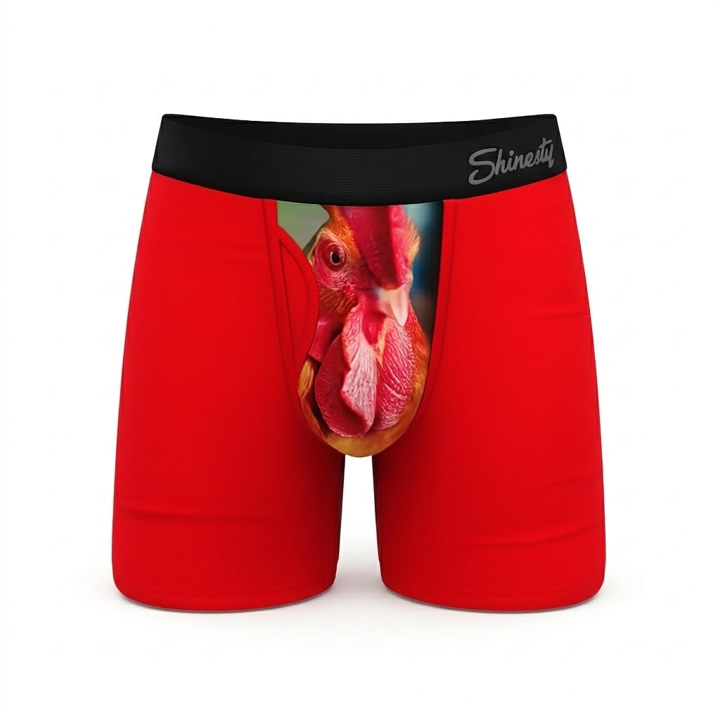Red boxer briefs with a fish design and 'Shiny' brand logo on a white background