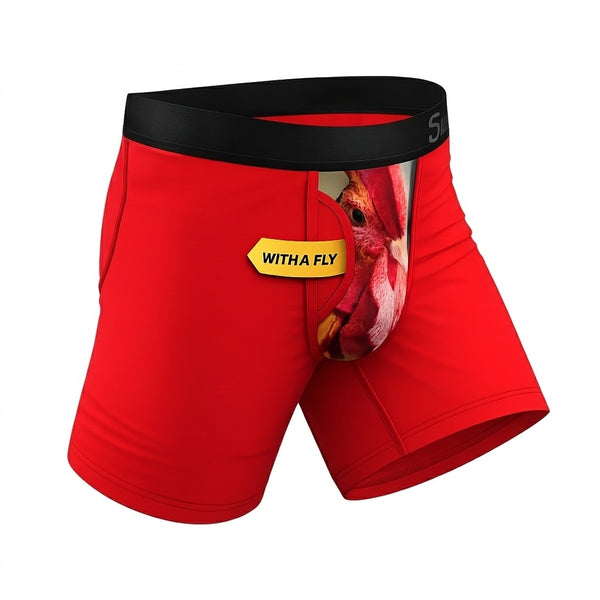 Red boxer briefs with a black waistband and 'WITH A FLY' label on a white background