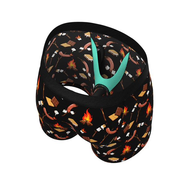Interior view of campfire print boxer briefs showing teal Ball Hammock® pouch and themed lining.