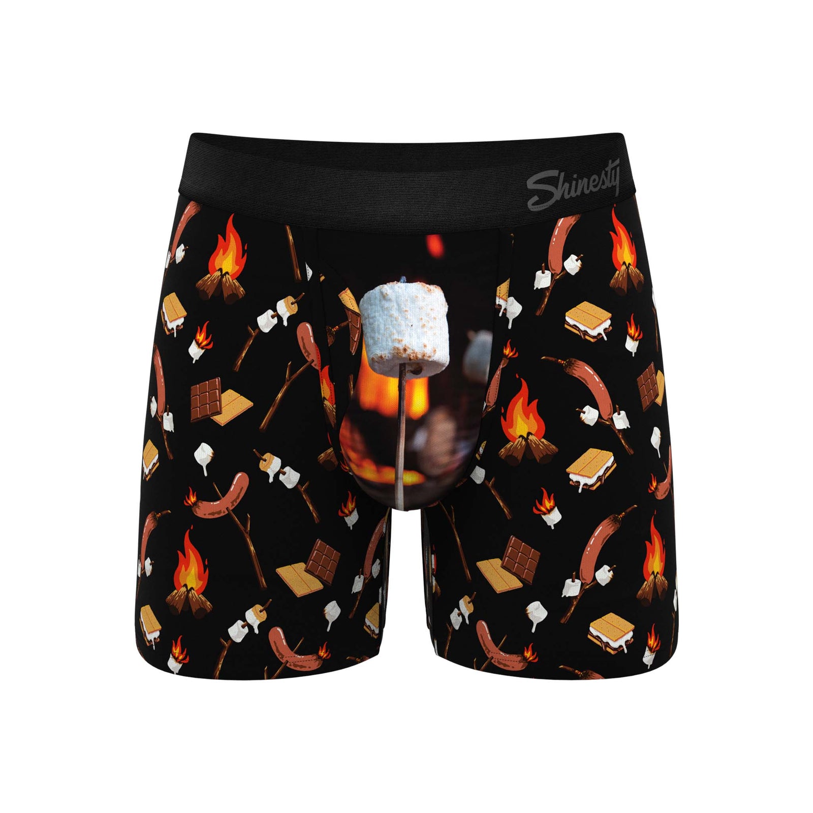 Men's black boxer briefs with campfire print featuring flames, marshmallows, s’mores, and a large roasted marshmallow graphic on the front pouch.