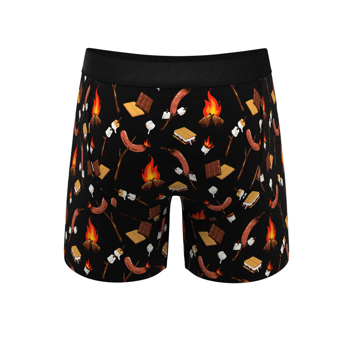 Back of men's boxer briefs with repeating campfire-themed print of sausages, marshmallows, s’mores, and fires.