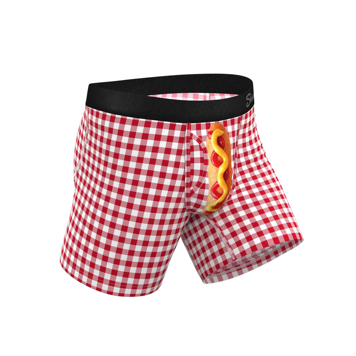 Angled side view of men's boxer briefs with red and white checkered picnic table pattern and black waistband.