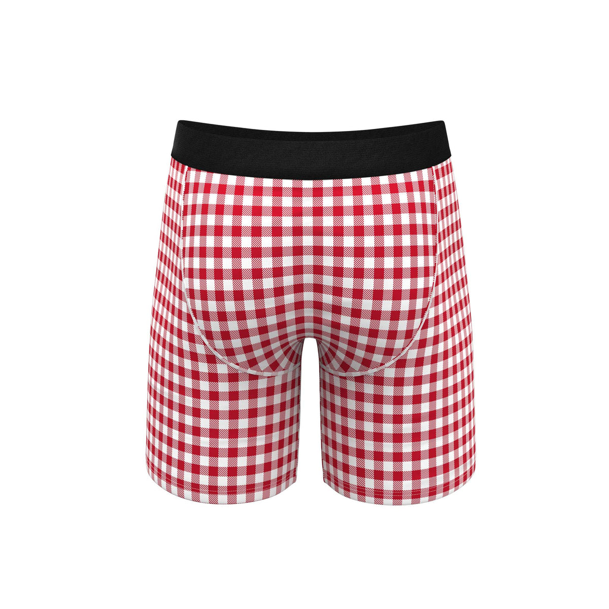 Interior view of gingham boxer briefs with teal Ball Hammock® pouch and matching red check lining.