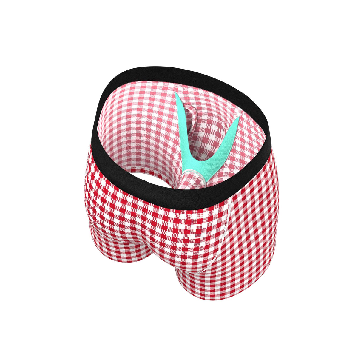 Interior view of gingham boxer briefs with teal Ball Hammock® pouch and matching red check lining.