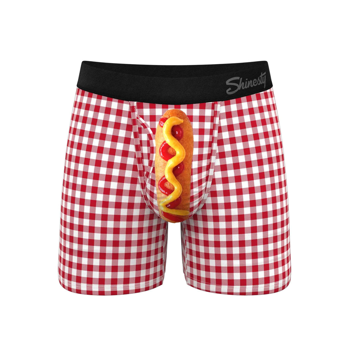 Men's red and white gingham boxer briefs with a realistic hot dog graphic on the front pouch and black waistband.