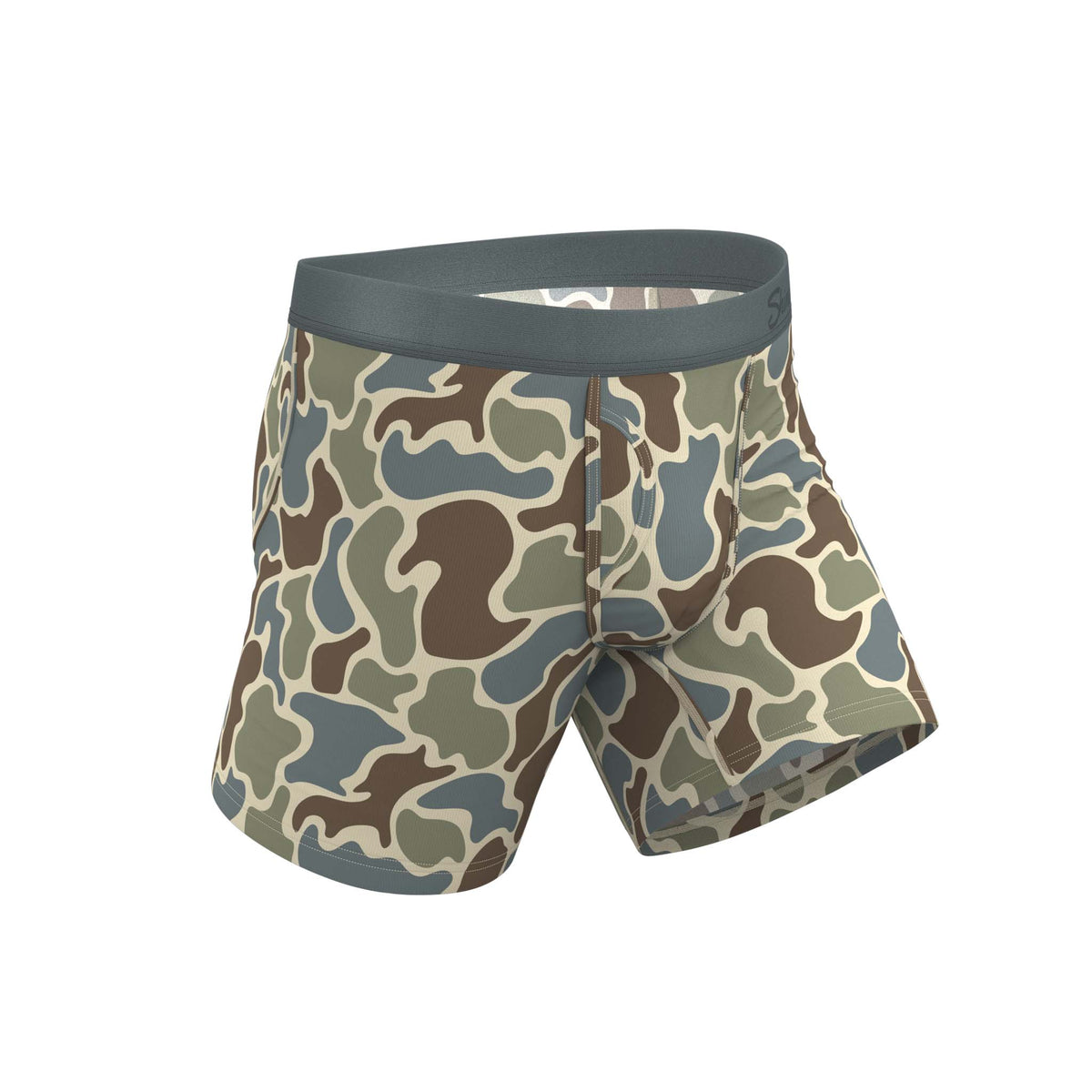 Angled front view of men’s boxer briefs with abstract woodland camouflage print in muted earth tones.