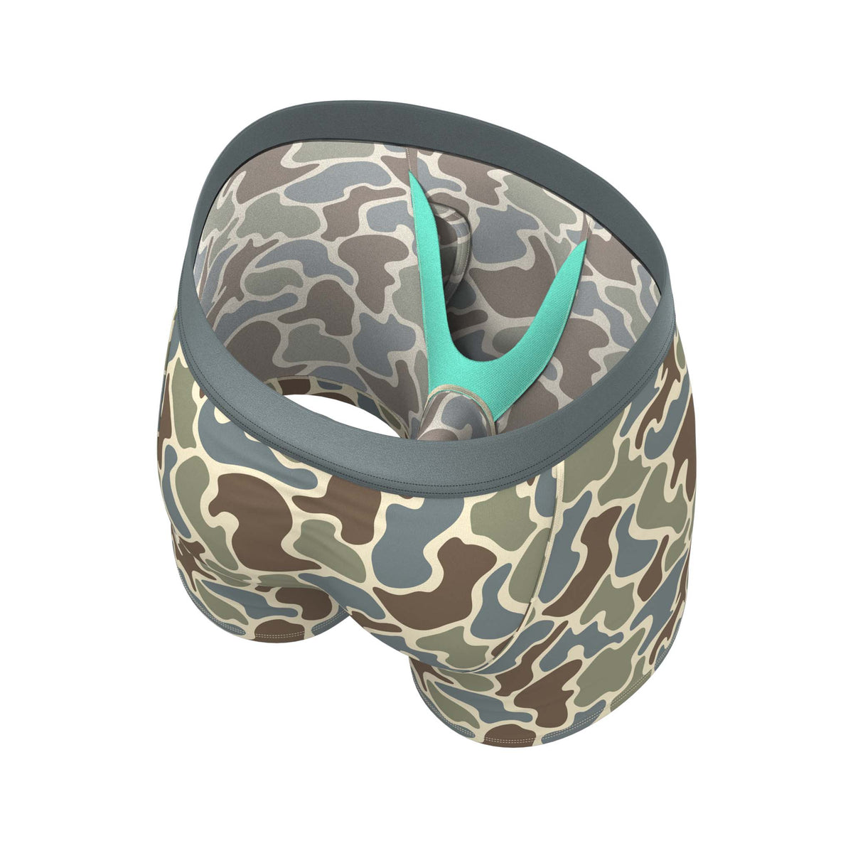 Interior of camouflage boxer briefs with teal Ball Hammock® pouch and matching camo lining.