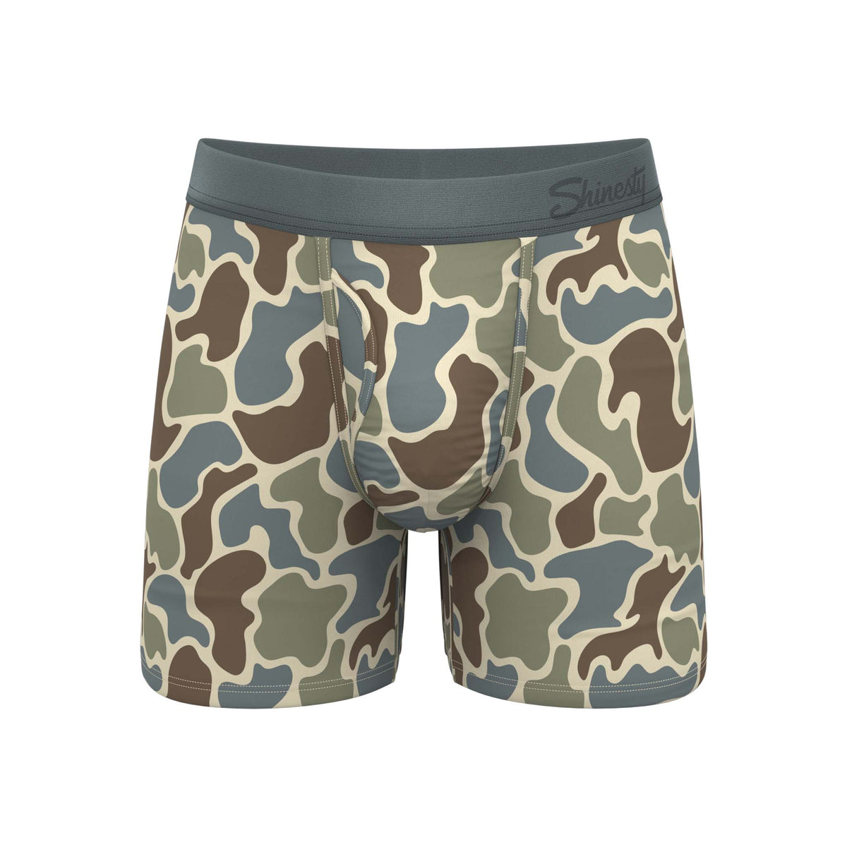 Men’s boxer briefs with all-over brown, green, and beige camouflage print and gray waistband with Shinesty logo.
