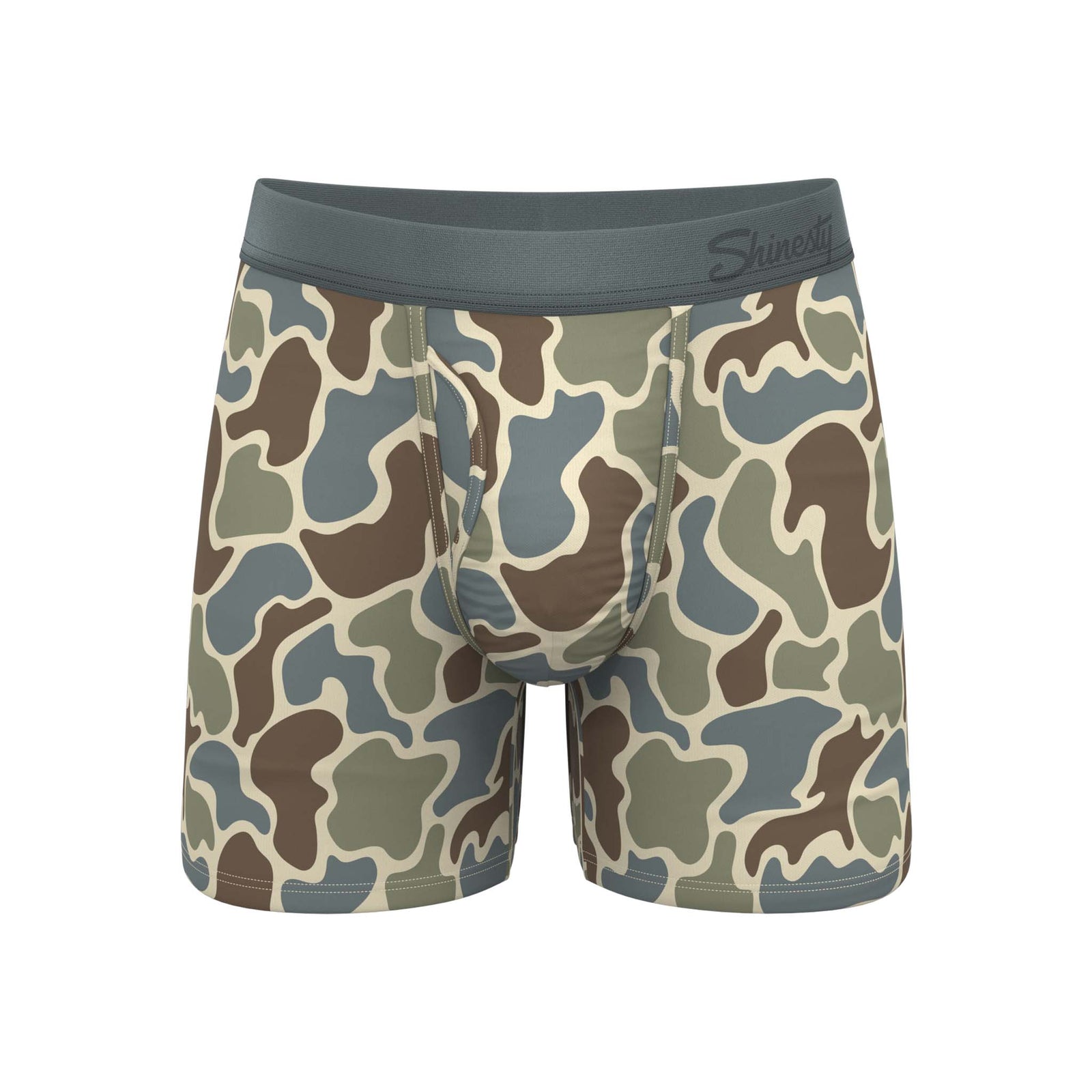 Men’s boxer briefs with all-over brown, green, and beige camouflage print and gray waistband with Shinesty logo.