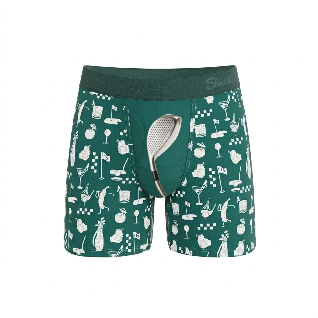Green boxer briefs with a pattern of golf-related items on a white background