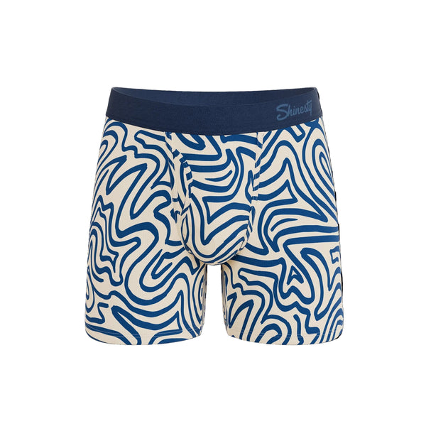 Blue and white patterned boxer briefs on a white background