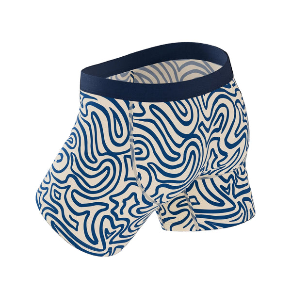 Boxer briefs with a blue and white abstract pattern on a black background