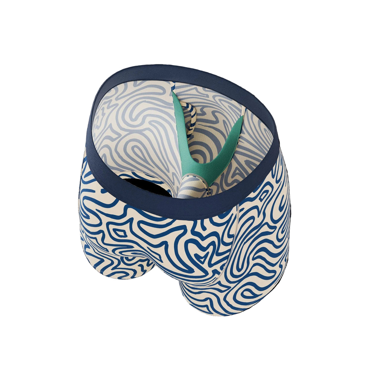 Blue and white patterned underwear with green accents on a white background