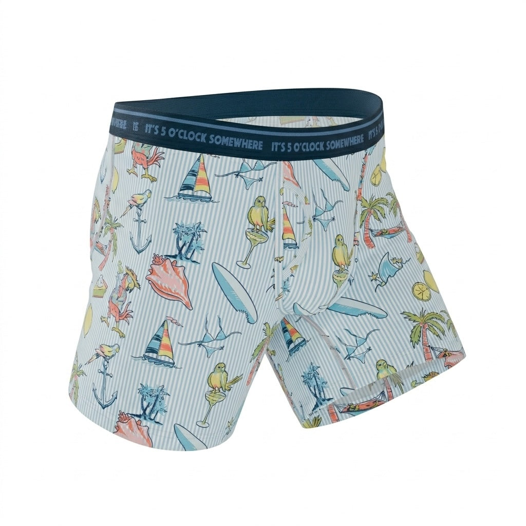 Men's boxer briefs with a tropical pattern on a white background