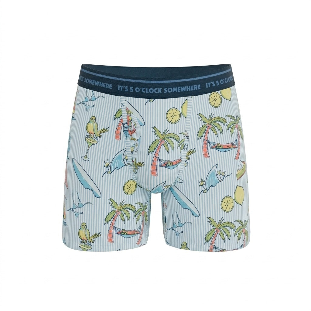 Boxer briefs with tropical pattern and 'It's 5 O'Clock Somewhere' waistband on a white background