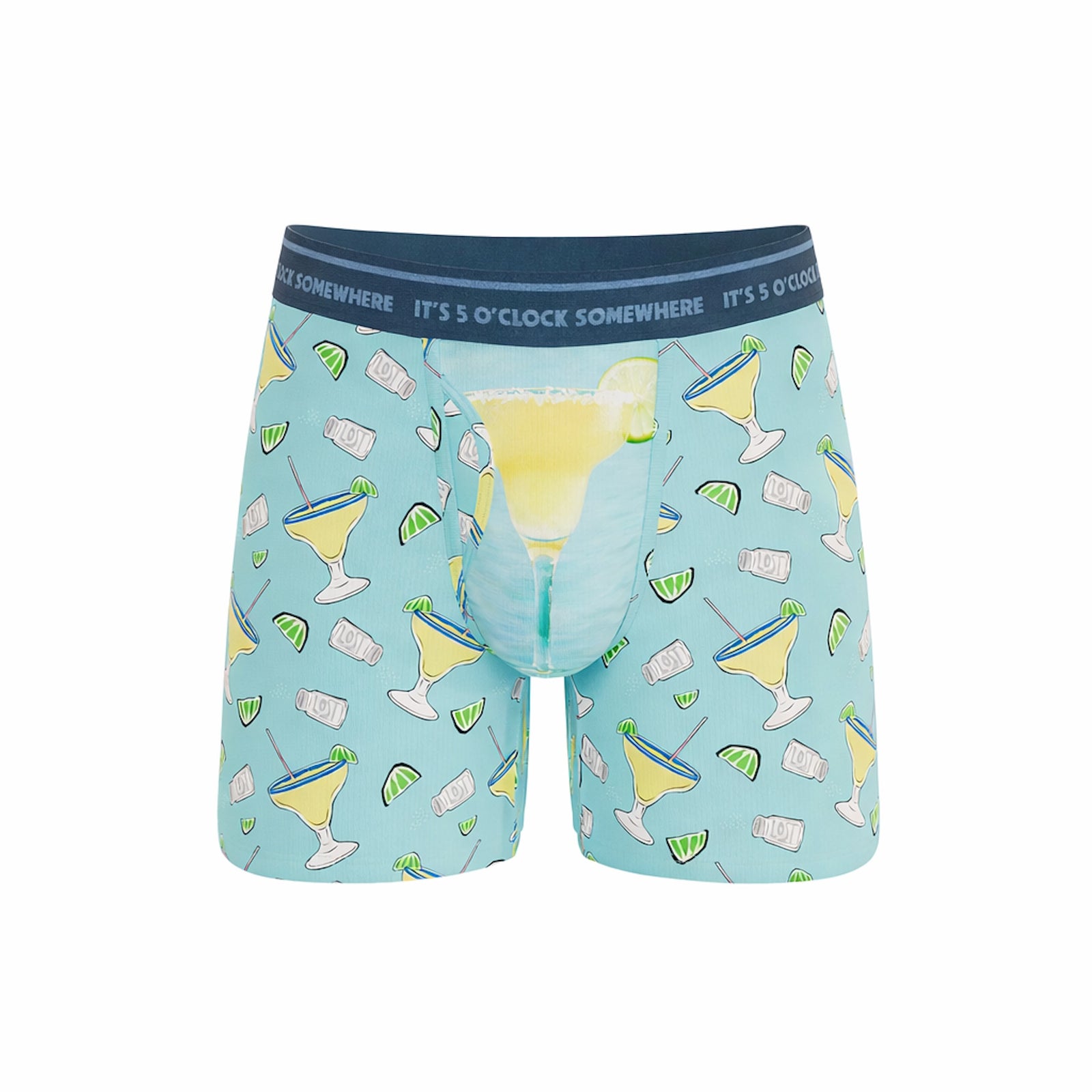Light blue boxer briefs with cocktail pattern and dark blue waistband on a white background