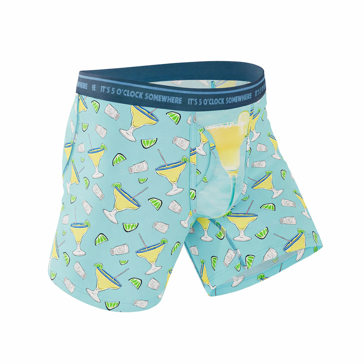 Light blue boxer briefs with cocktail pattern and dark blue waistband on a white background