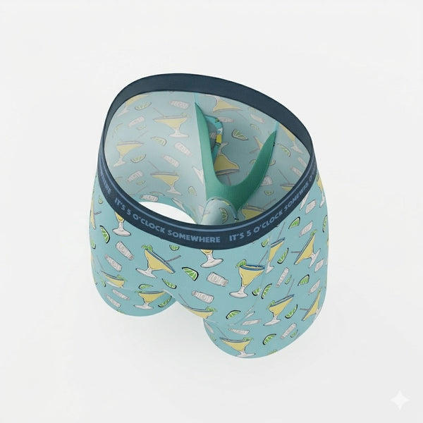 Light blue boxer briefs with cocktail pattern and text on a white background