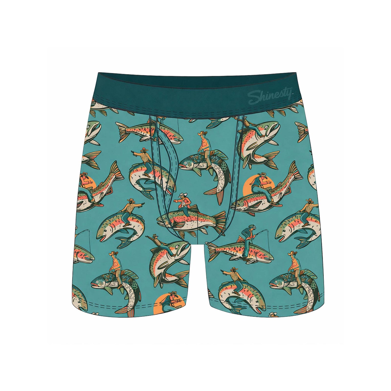 Shinesty mens boxers with cowboys riding fish design.