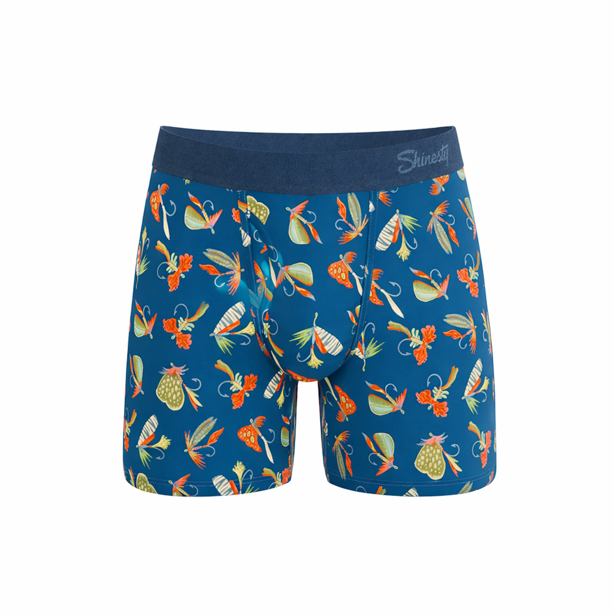 Blue boxer briefs with colorful fishing lure pattern on a white background