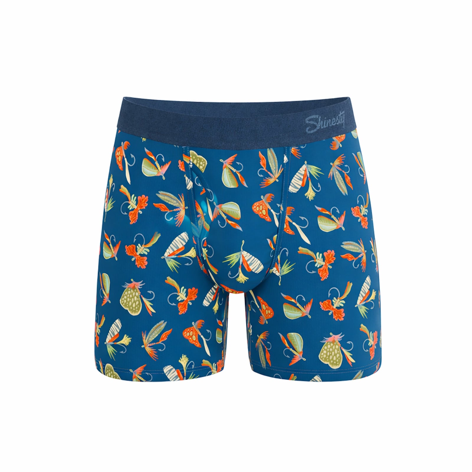 Blue boxer briefs with colorful fishing lure pattern on a white background
