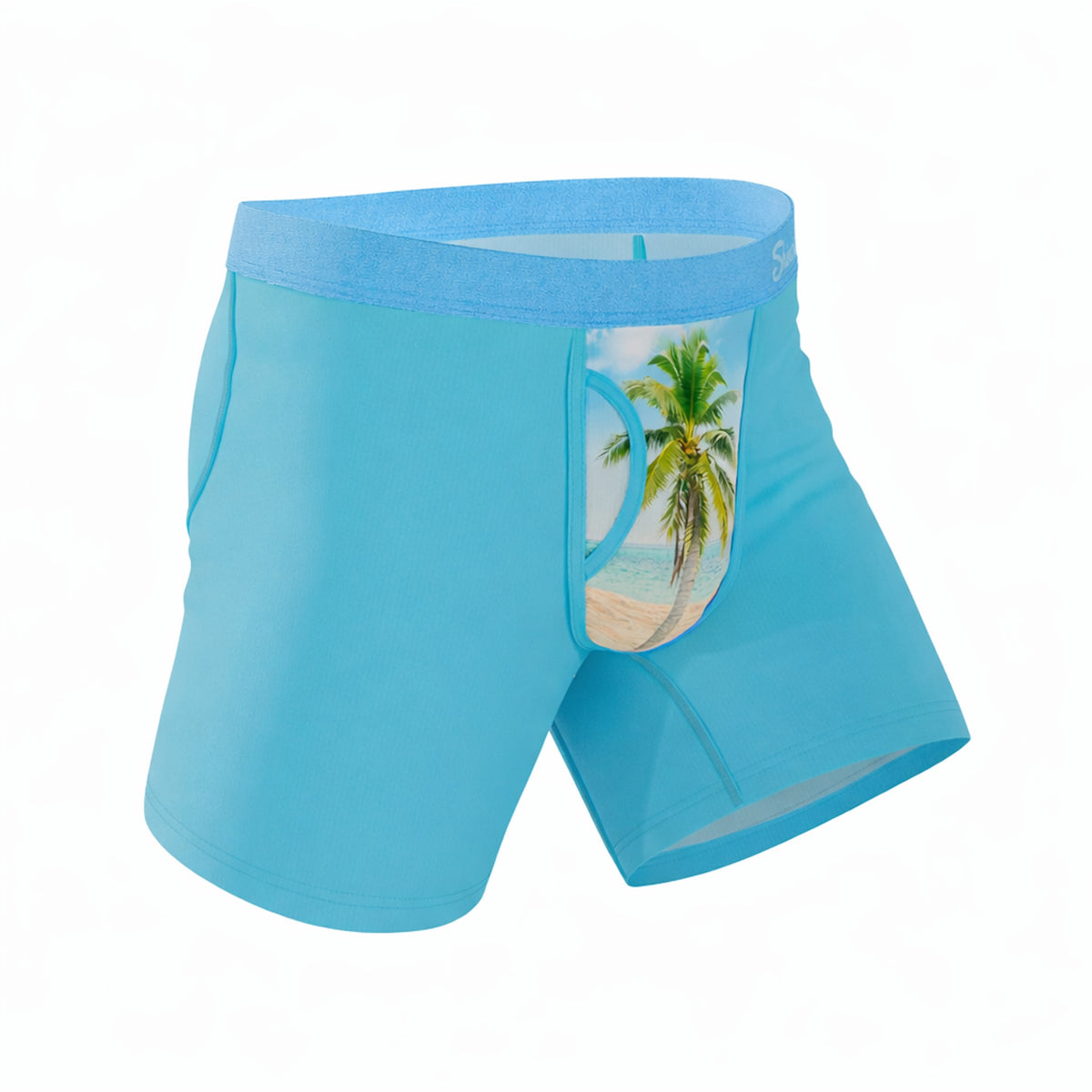 Blue swim shorts with a tropical design on a white background