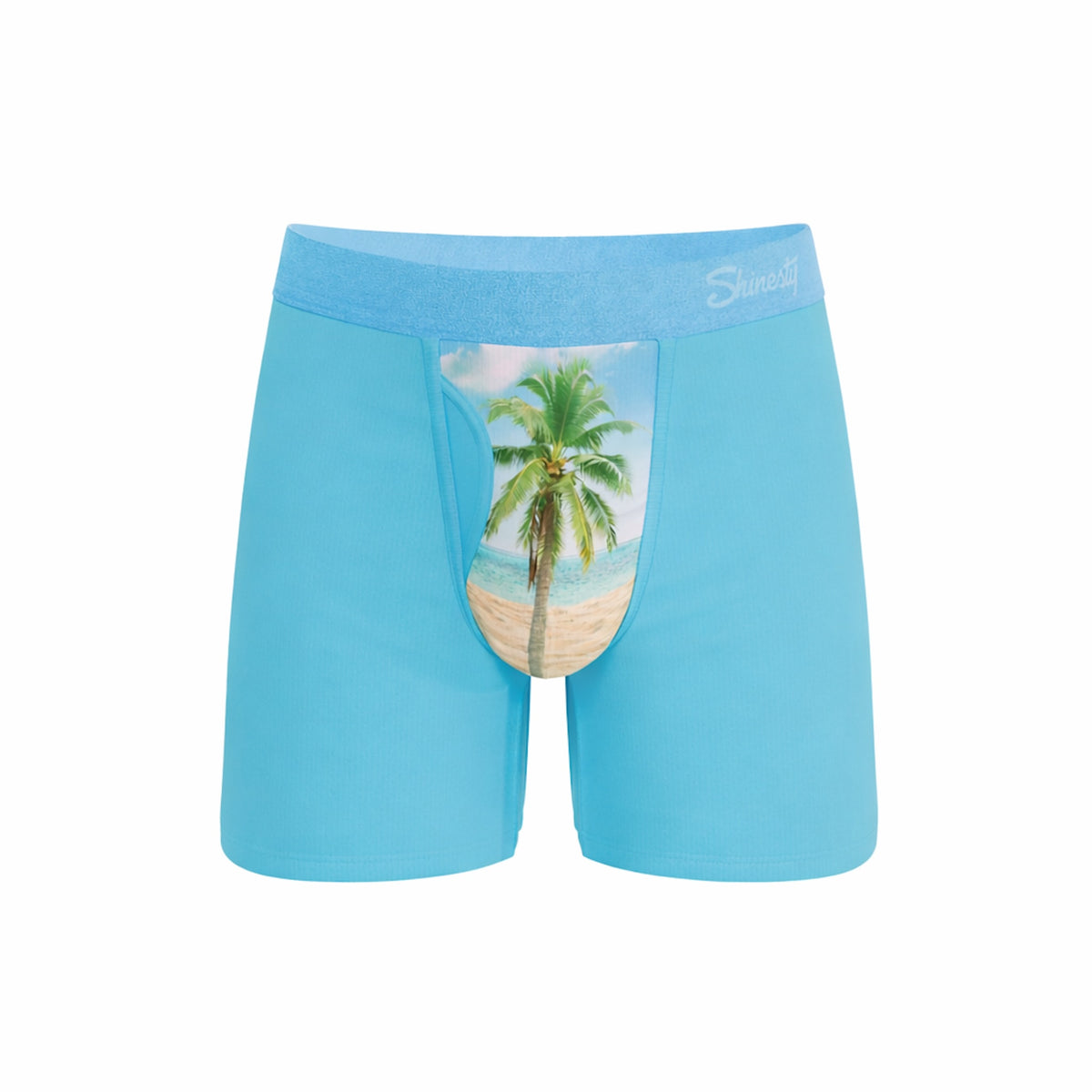 Blue boxer briefs with a palm tree design on a white background