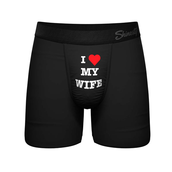 front view Shinesty Men's black pouch underwear with "I heart My Wife" on front. Soft MicroModal blend, quick-access fly, no-ride legs, tagless, silky waistband. Sizes S–XXL.