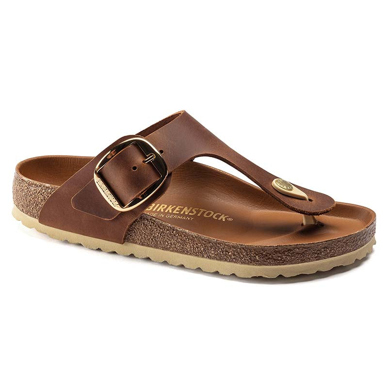 Birkenstock Gizeh Oiled Leather Big Buckle Sandals in Cognac