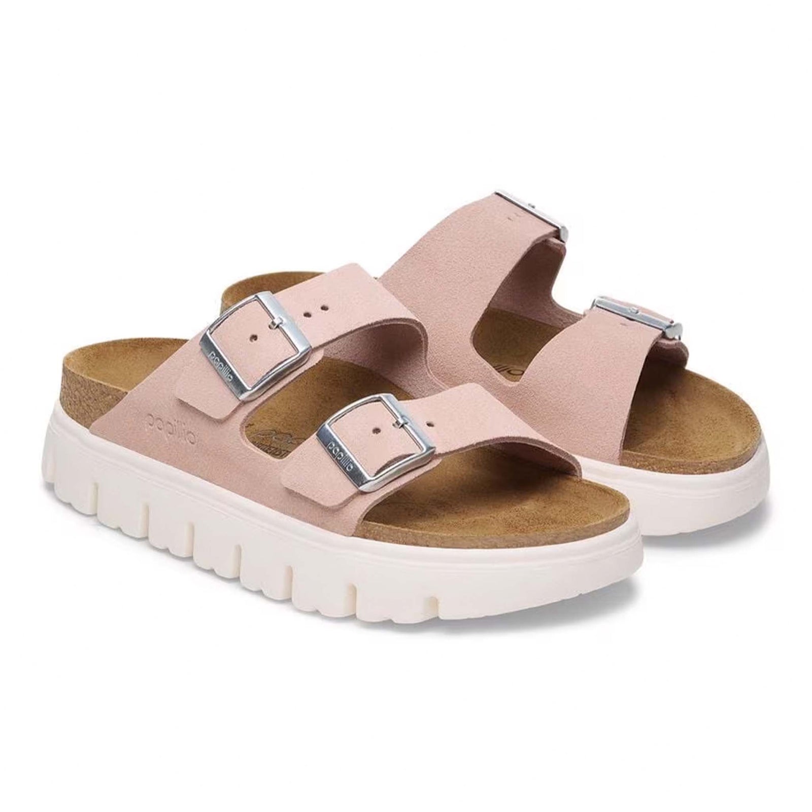Birkenstock Arizona Chunky Sandals in Light Rose, sizes 5/36, 6/37, 7/38, 8/39, 9/40, 10/41, 11/42. Quarter angle view of a single sandal showcasing its pink suede straps, cork footbed, and chunky white outsole.