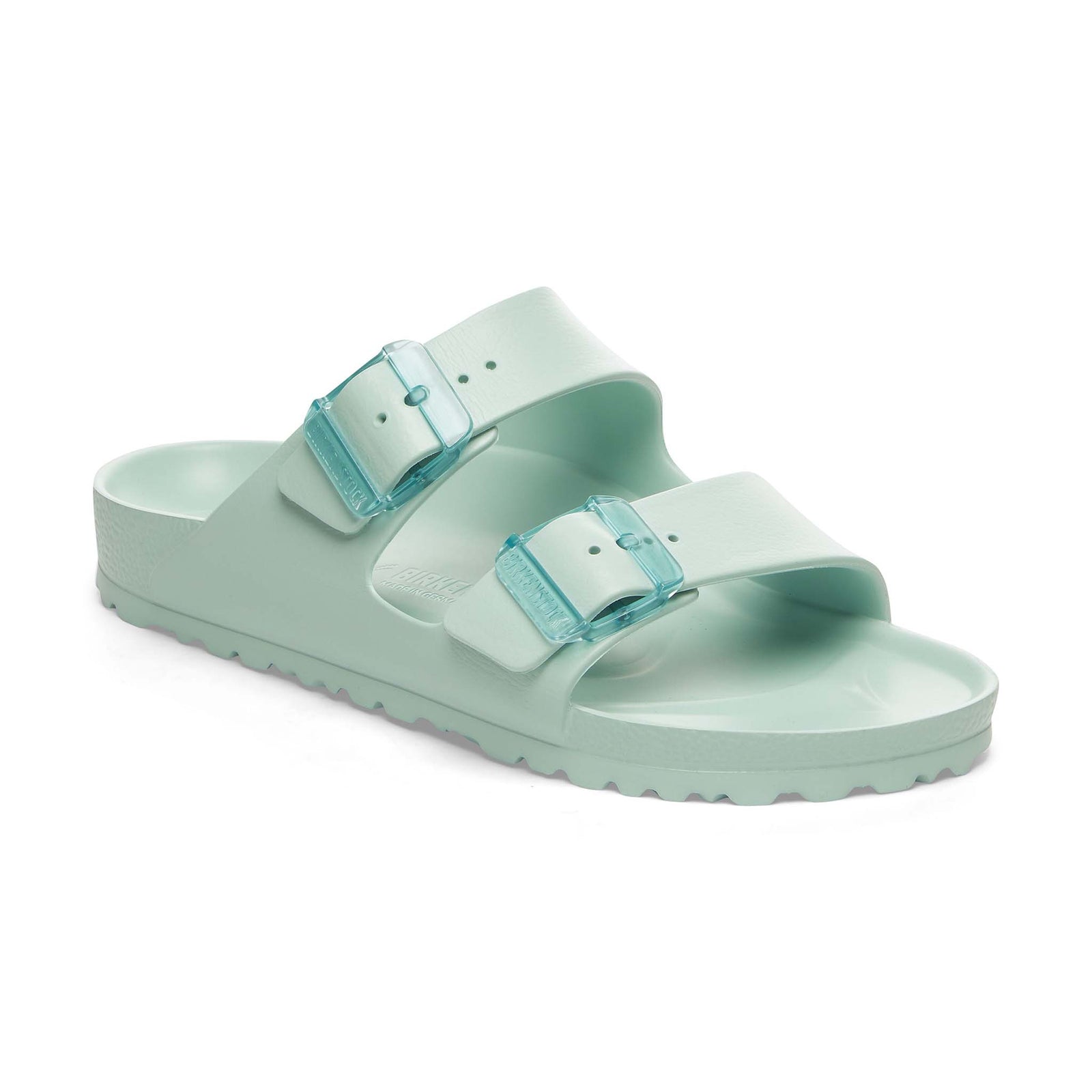 Birkenstock Arizona Stealth EVA Sandal in Surf color, featuring a lightweight, waterproof design with two adjustable buckle straps and a contoured footbed for all-day comfort. 
Color surf is a light aqua blue green color.