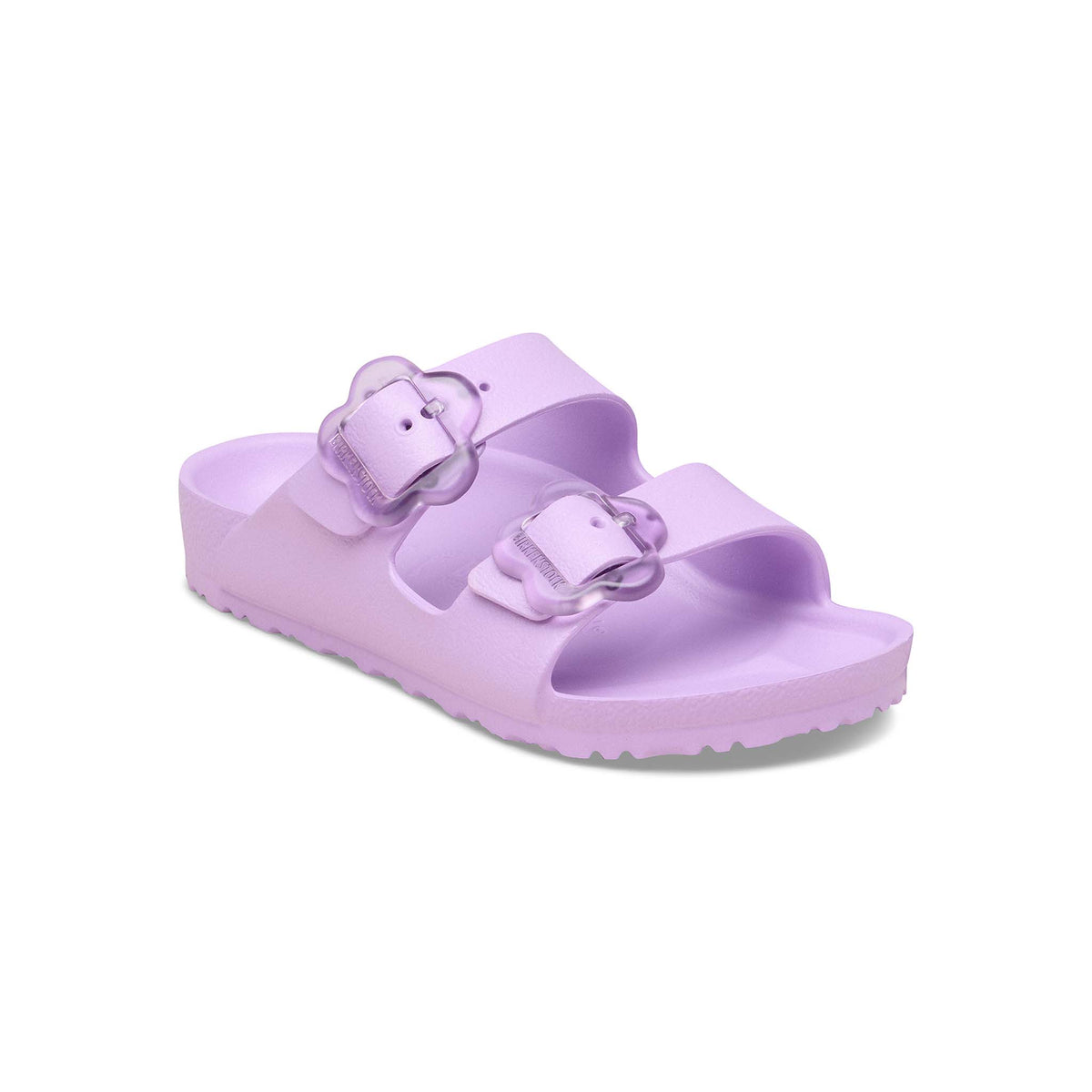 Birkenstock Youth Purple sandal with two flower buckles shown on a white background