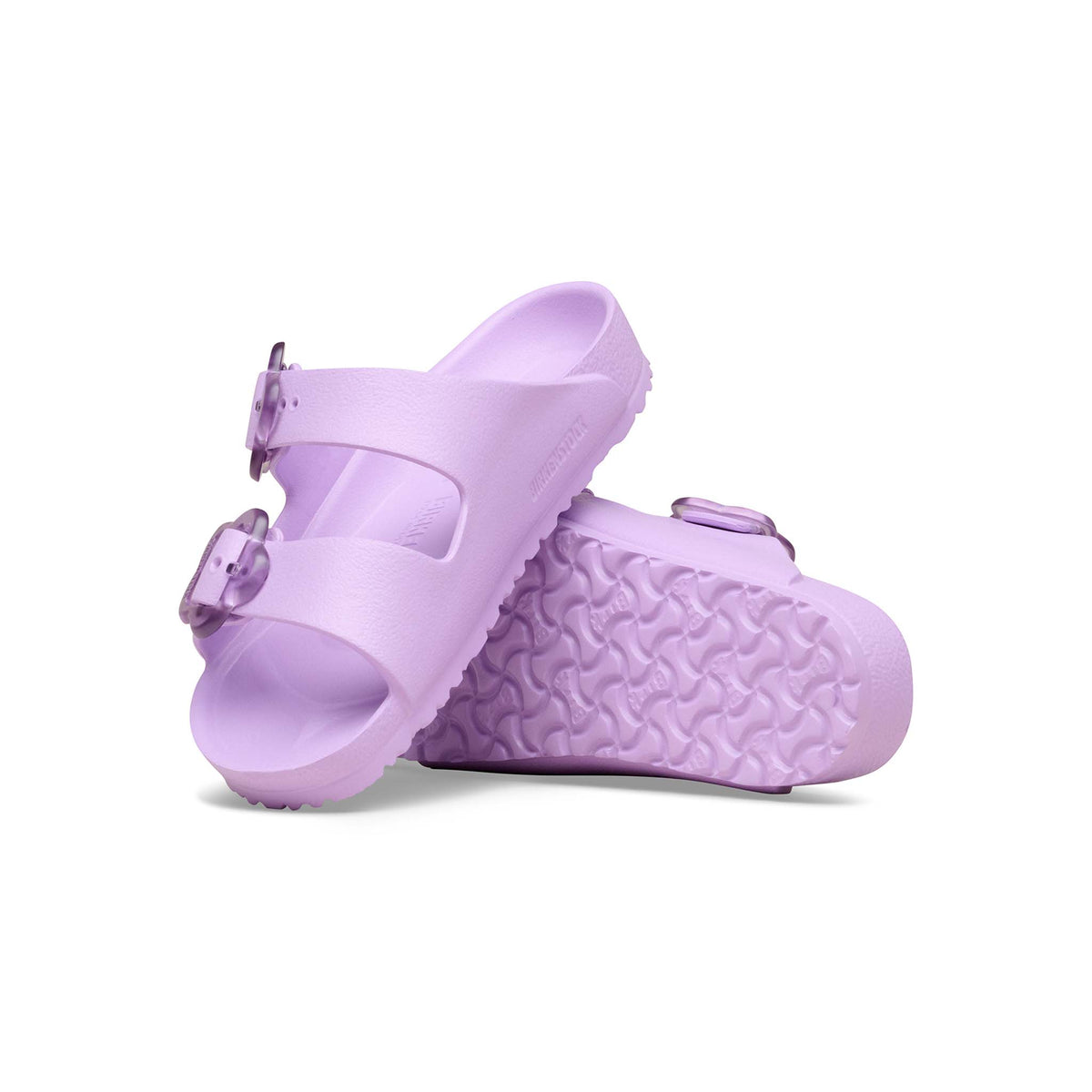 Birkenstock Youth Purple sandal with two flower buckles shown on a white background