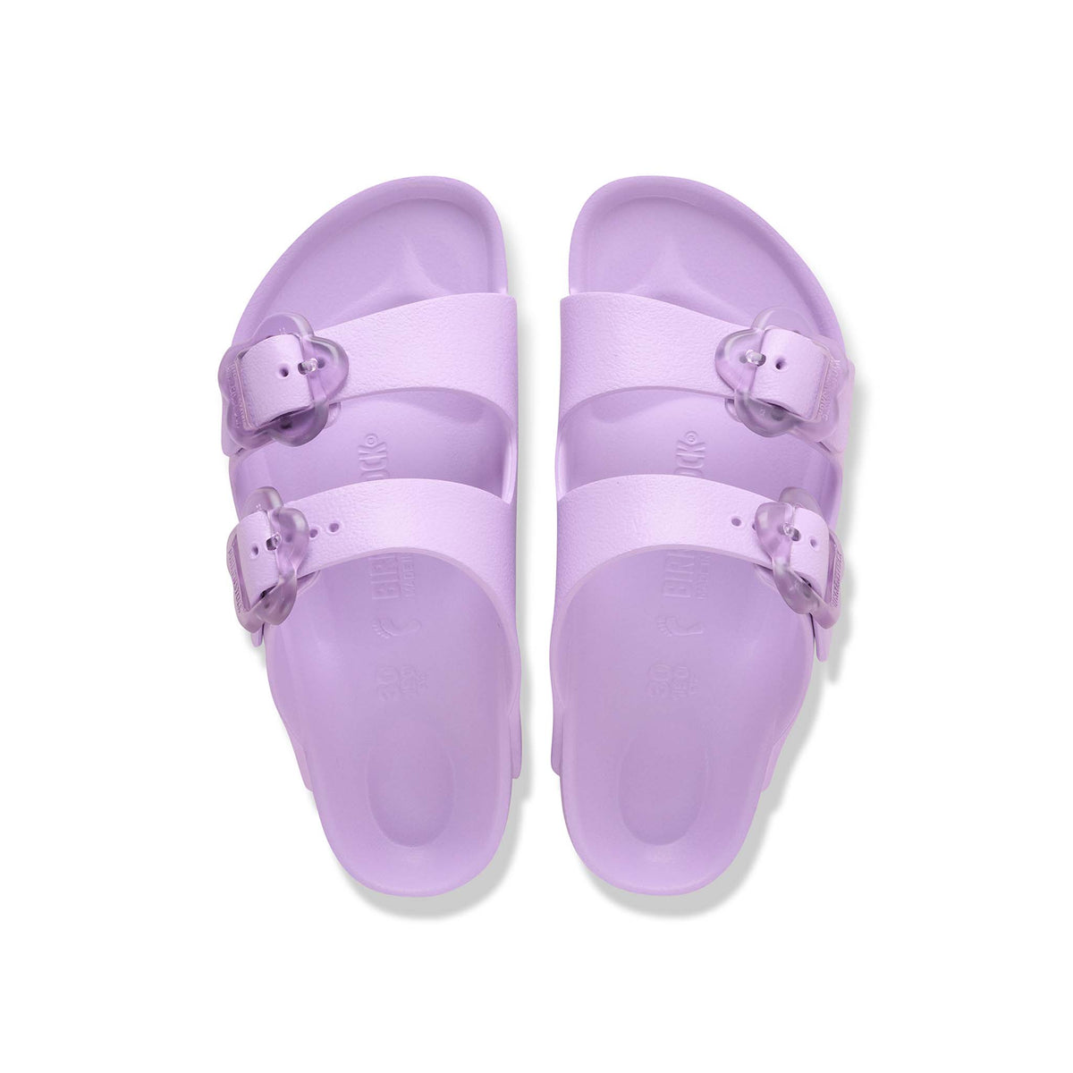 Birkenstock Youth Purple sandals with two flower buckles shown on a white background