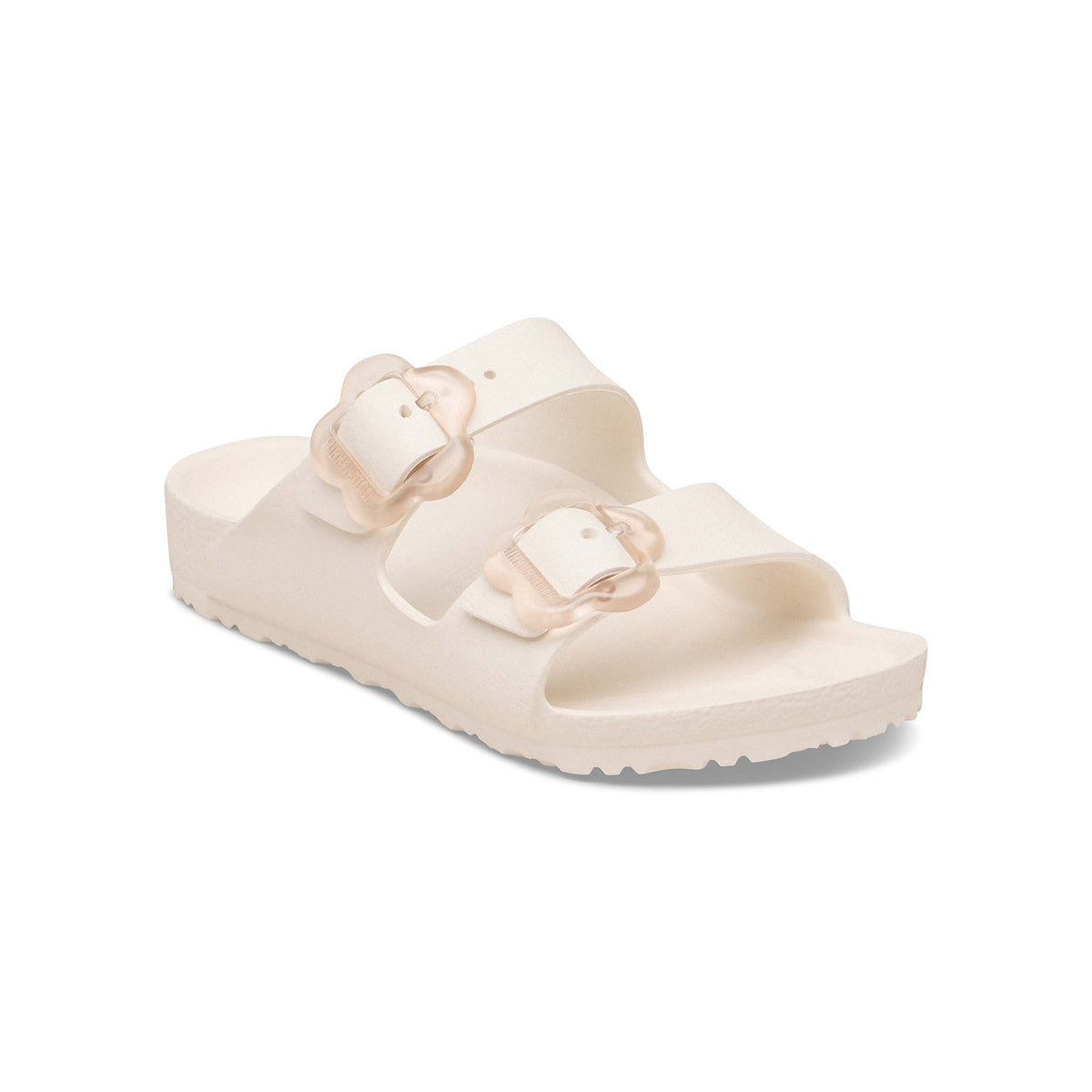 Birkenstock Youth Arizona Flower EVA in Eggshell with clear flower buckles shown on a white background.