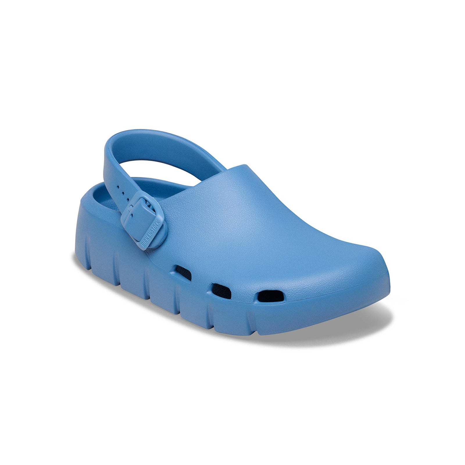 Birkenstock youth blue clog shoe shown on a white background