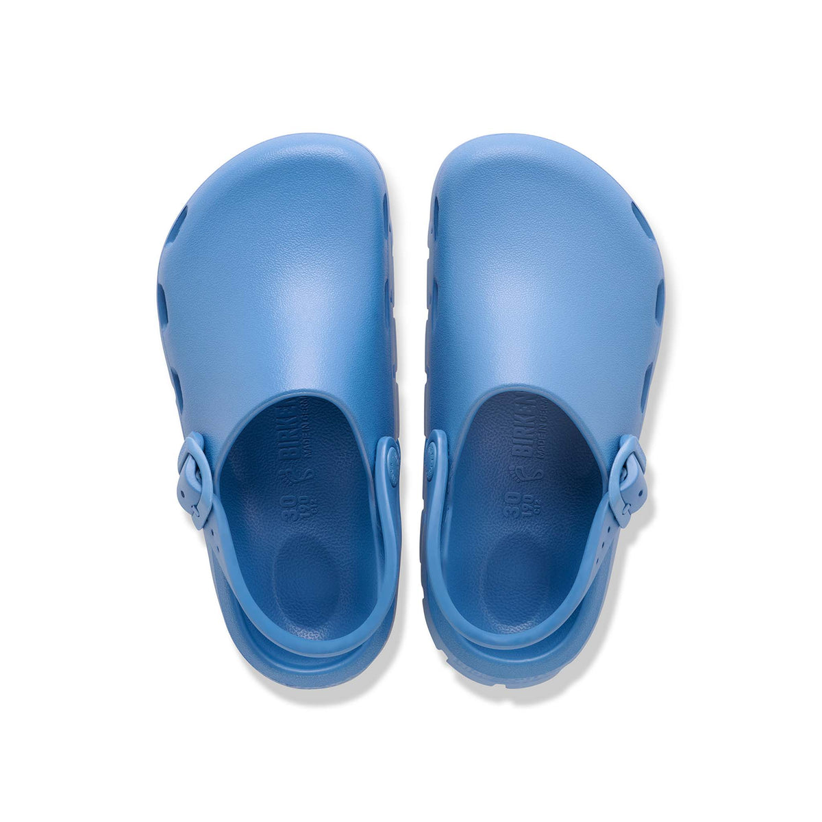 Birkenstock youth blue clog shoes shown on a white background