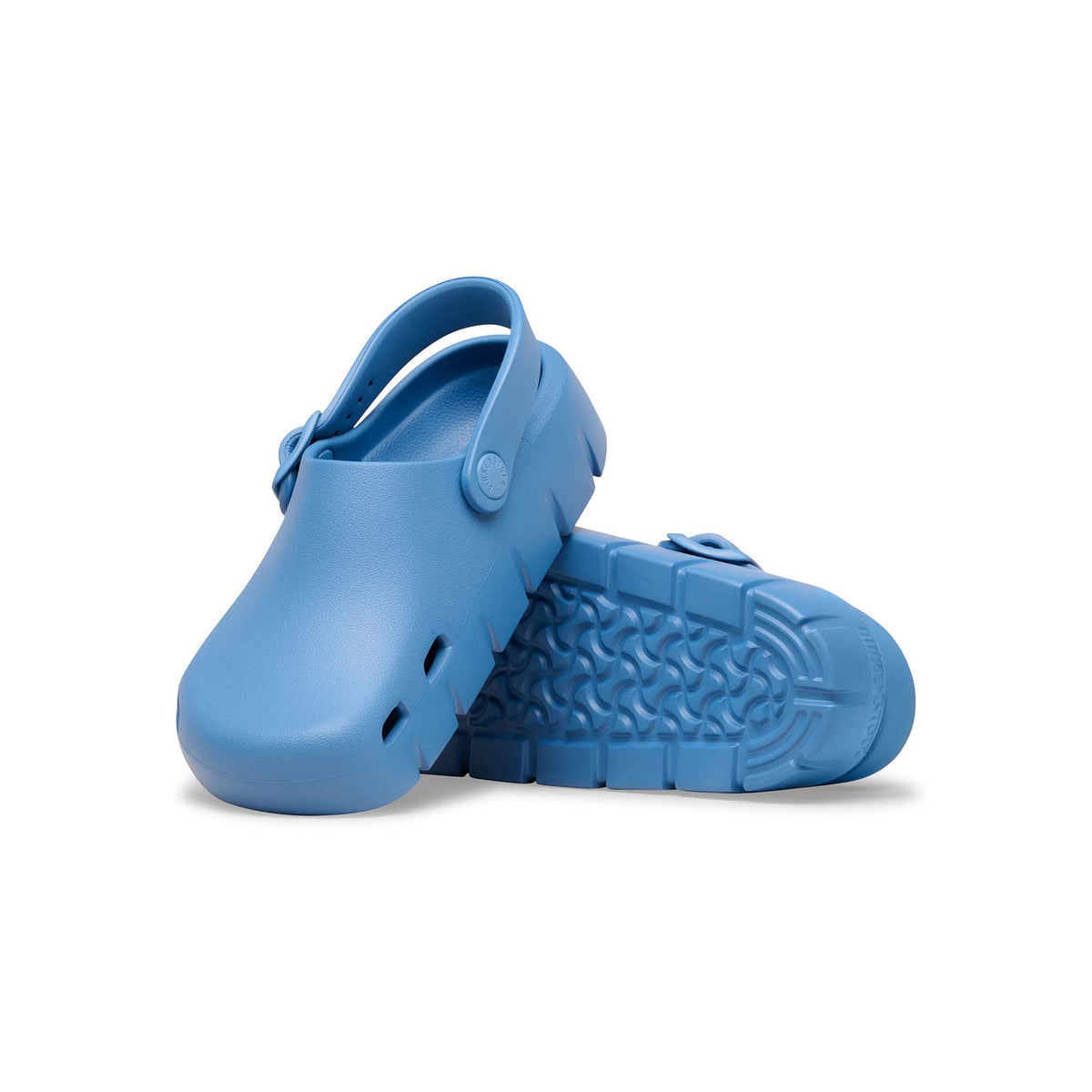 Birkenstock youth blue clog shoes shown on a white background