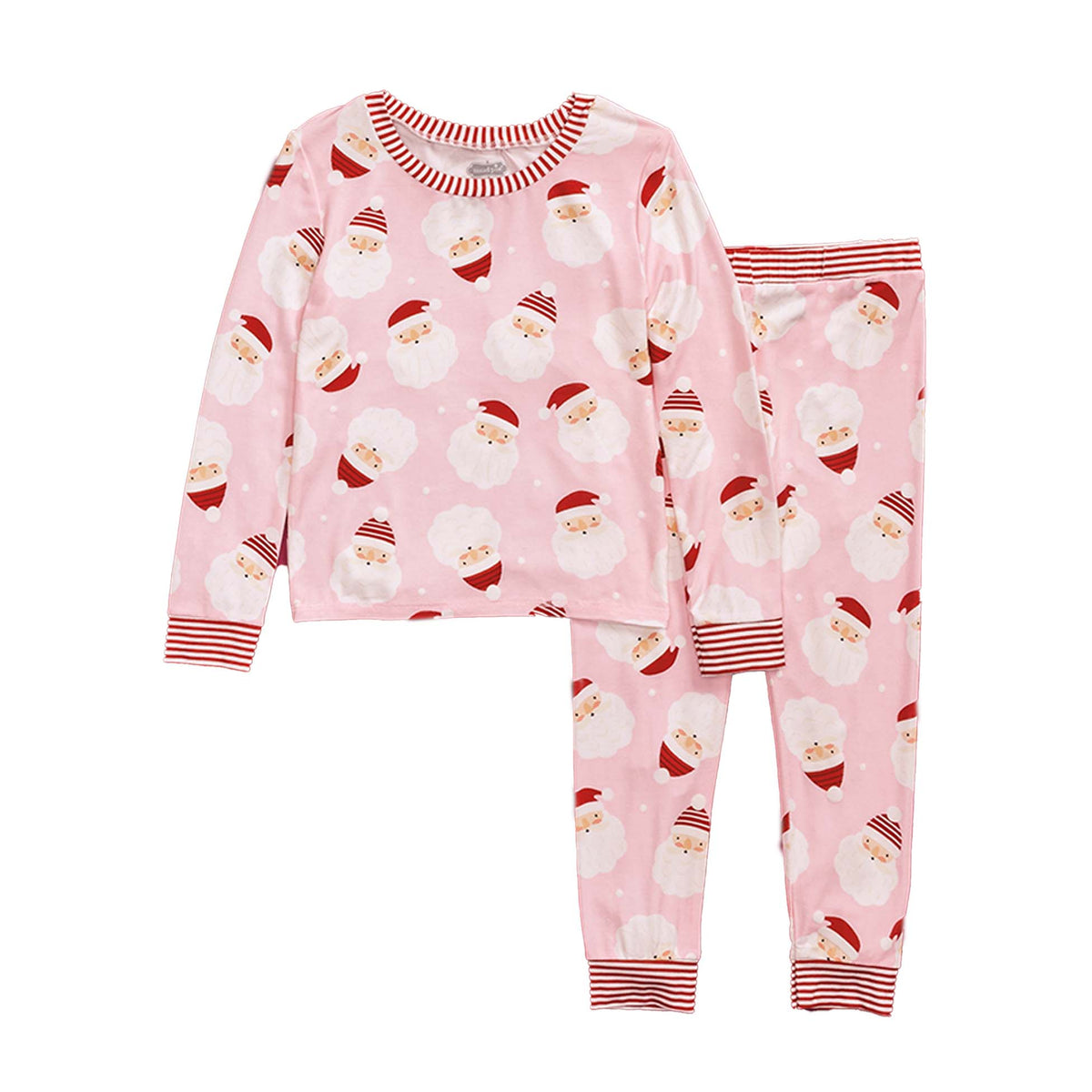 Pink toddler pajama set with long sleeves and pants featuring an allover Santa face print and red striped trim.