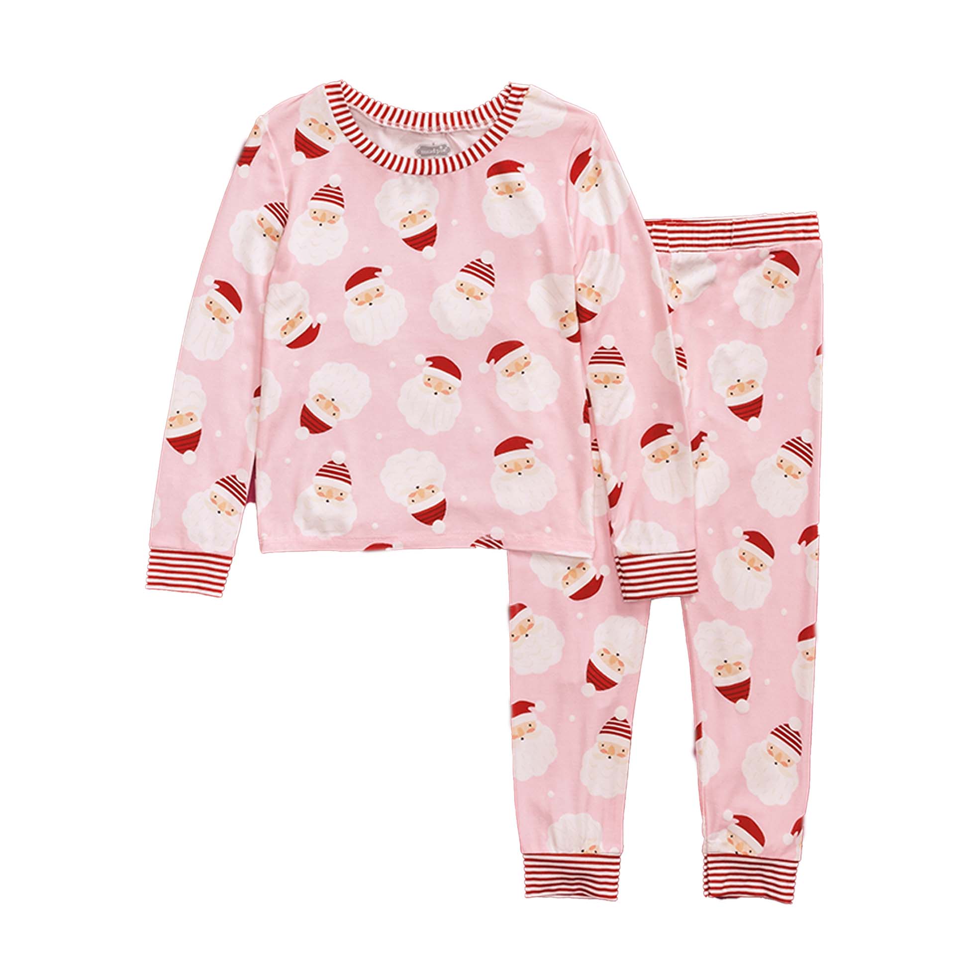Pink toddler pajama set with long sleeves and pants featuring an allover Santa face print and red striped trim.