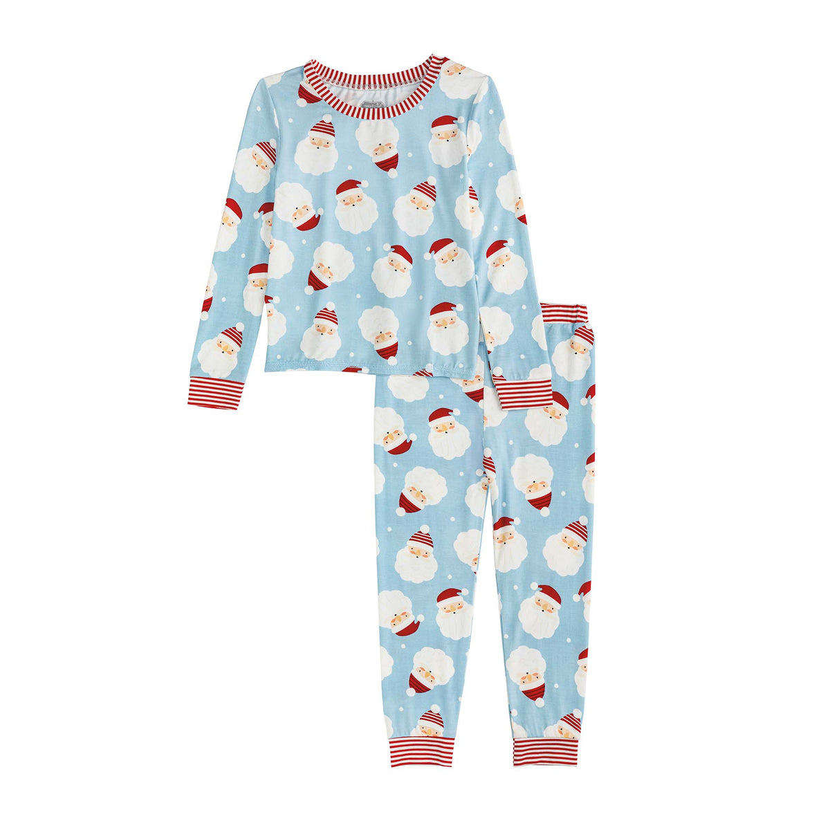 Blue toddler pajamas with Santa Claus face print and glow-in-the-dark hat details.