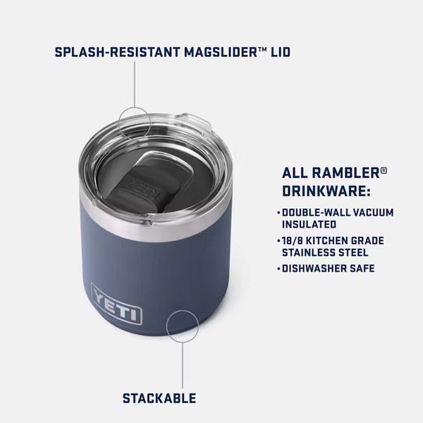 Dark blue YETI 10 oz Lowball with clear MagSlider lid. Features stackable design, double-wall insulation, 18/8 stainless steel build, and is dishwasher safe.