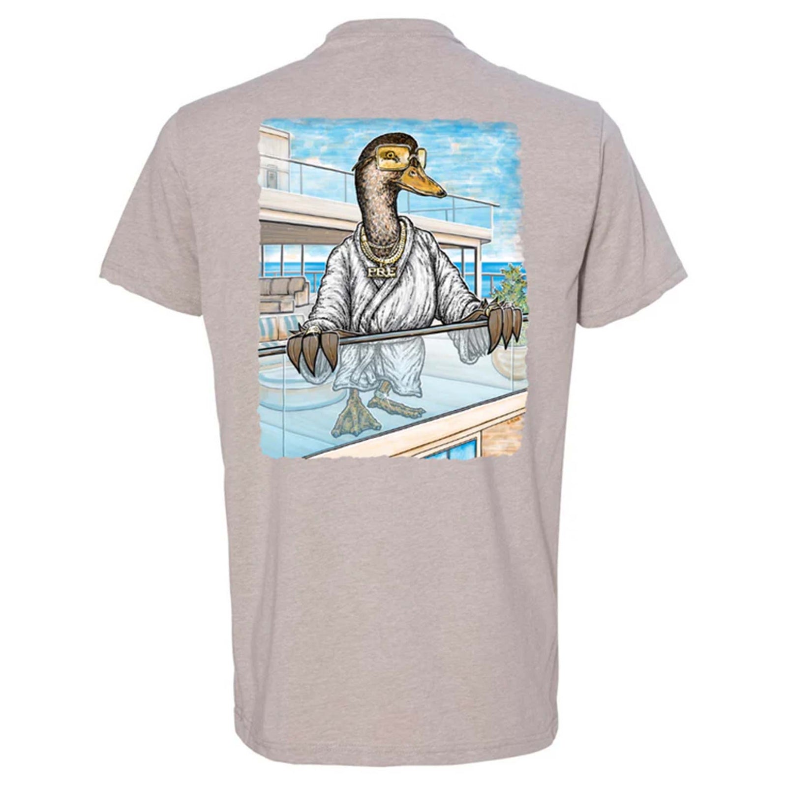 Back of tan Combat Waterfowl t-shirt showing a duck in a robe with gold chains standing on a balcony overlooking the water.