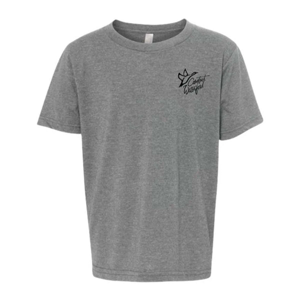 Combat Waterfowl Twisted Teal Short SLeeve T-shirt, color dark heather grey, sizes S-XXXL, unisex sizing
The front features Combat Waterfowl's logo in black on the left chest.