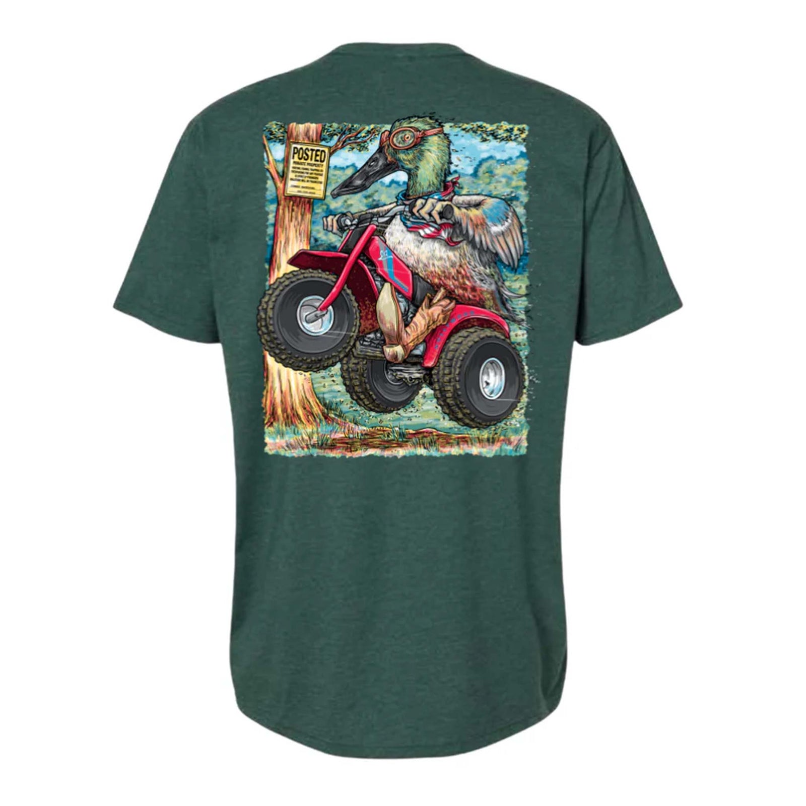 Combat Waterfowl CLyde Featherston Vol One Short sleeve t-shirt, color dark green, sizes S-XXXL, 100% cotton, crewneck.
Green short-sleeve t-shirt featuring a colorful cartoon graphic on the back of a duck wearing goggles and boots, riding a red three-wheeled ATV in front of a tree with a yellow "POSTED" sign. The background includes a forest scene with blue sky and greenery.